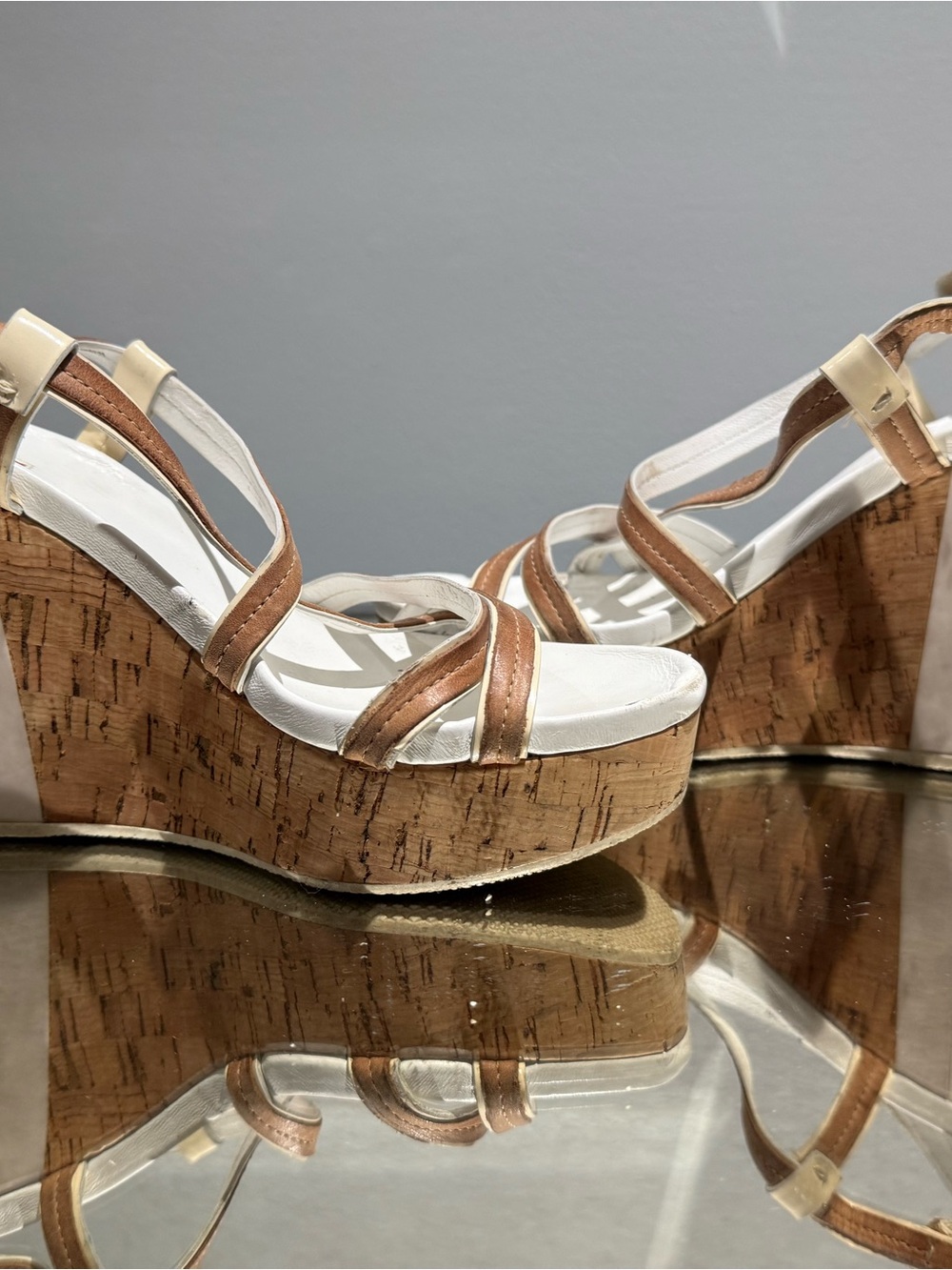 Prada White and Brown Cork Wedge Sandals, size 6.5